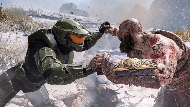 A screenshot of Master Chief fighting Kratos via a PC mod. 